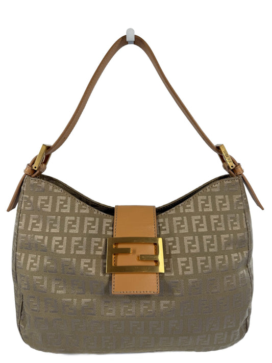Fendi Vintage Beige Gold Zucca Monogram Hobo Shoulder Baguette Bag