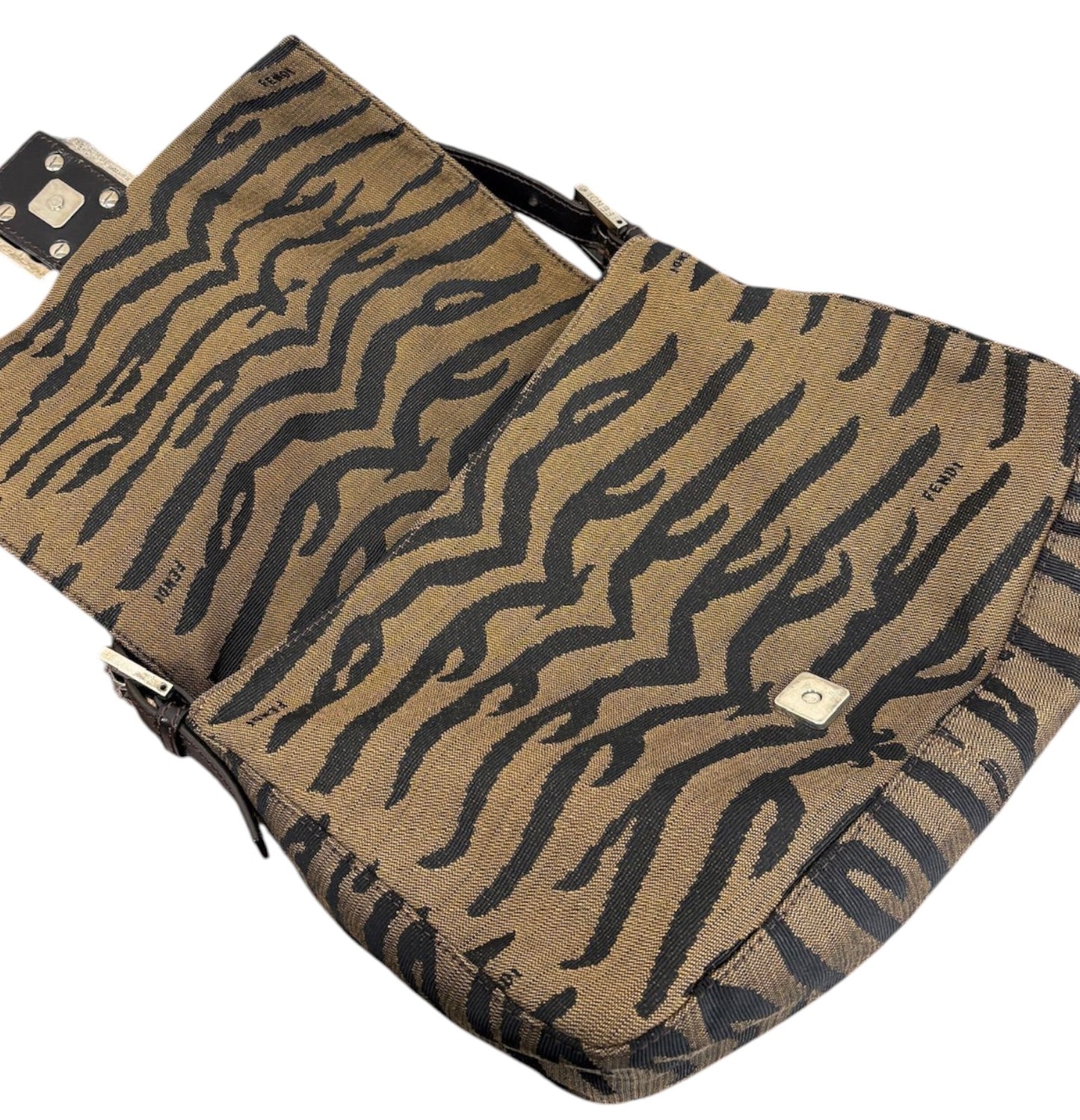 Fendi Vintage Brown & Black Zebra Print Canvas Mamma Baguette Shoulder Bag