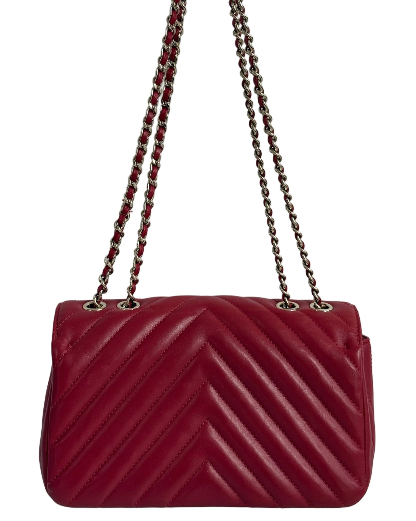 Chanel 2019 Red Chevron Lambskin Mini Full Flap Bag