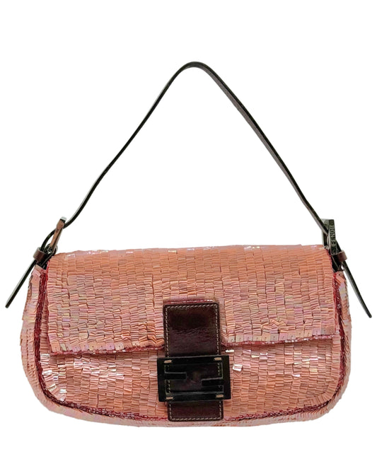 Fendi Vintage Iridescent Coral Pink Palilettes Sequin & Beaded Shoulder Baguette Bag