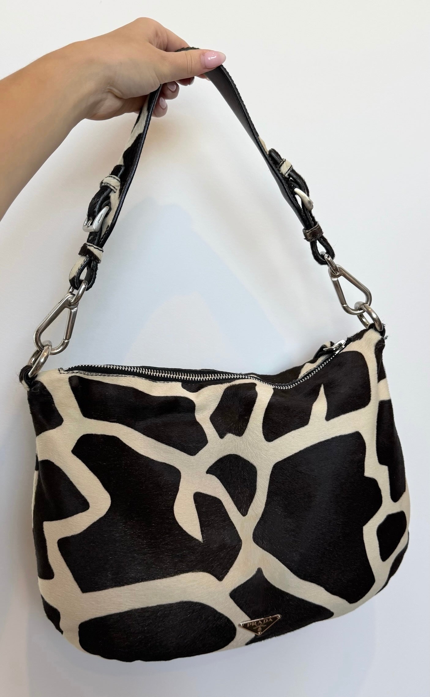 Prada Vintage Black & White Giraffe Print Pony Hair Hobo Shoulder Bag