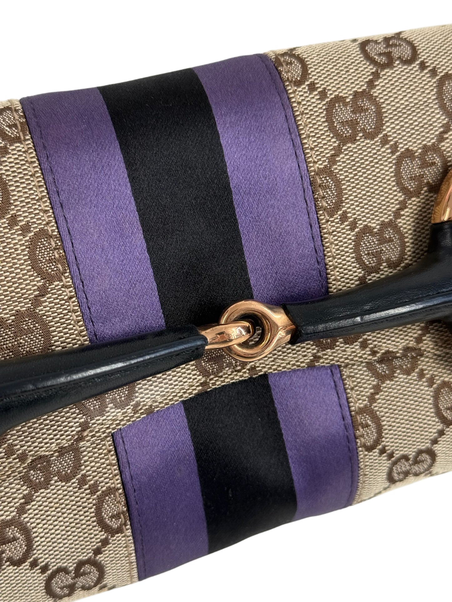 Gucci Vintage Brown GG Monogram Horsebit Purple & Black Satin Striped Rose Gold Bamboo Chain Small Shoulder Clutch Bag