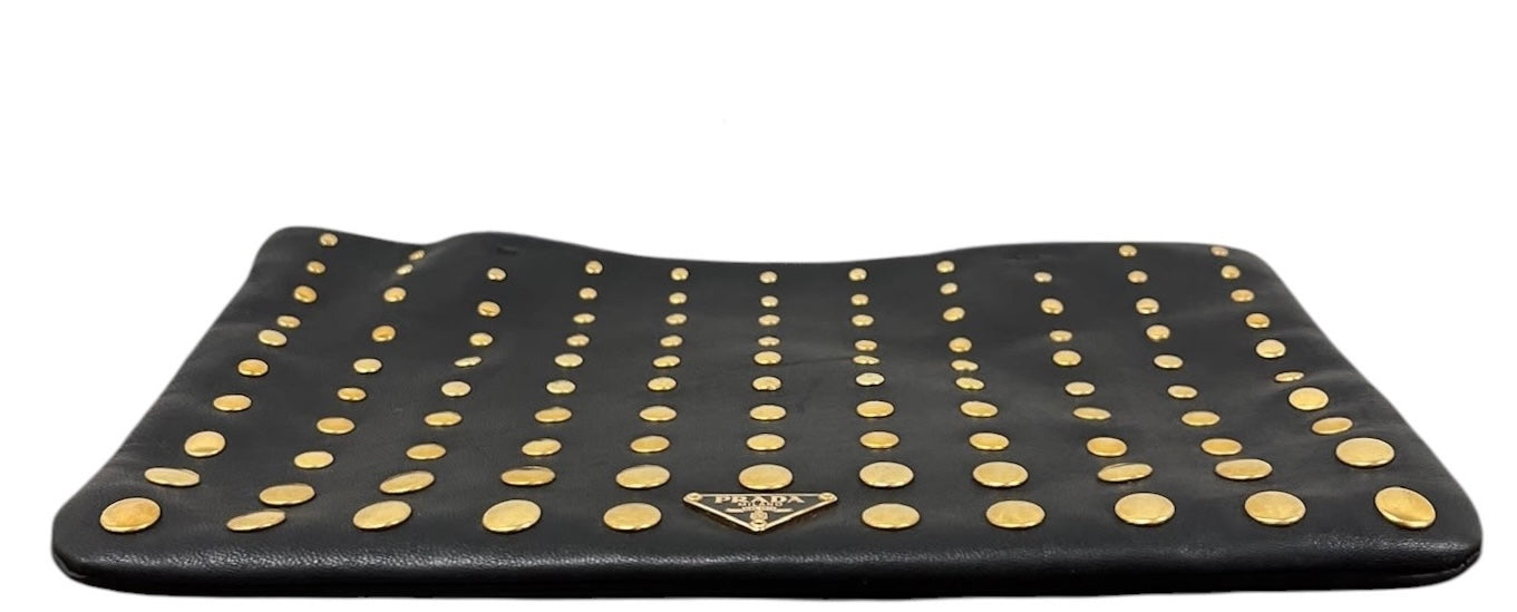 Prada Vintage Black Lambskin Gold Studded Mini Top Handle Pochette