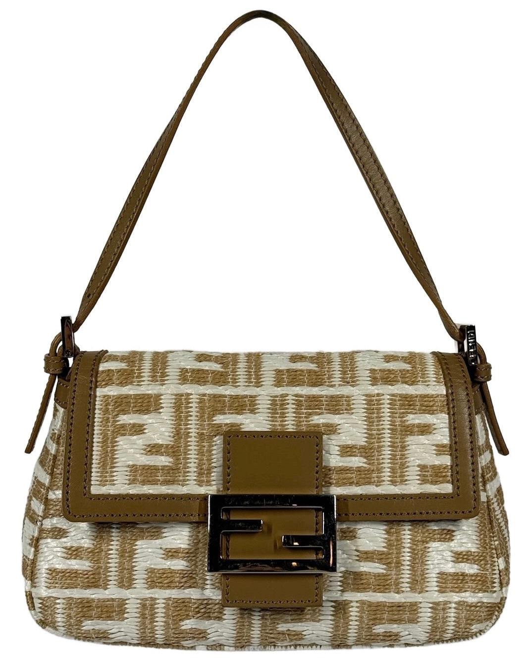 Fendi Beige & White Raffia Zucca Monogram Mini Mamma Baguette