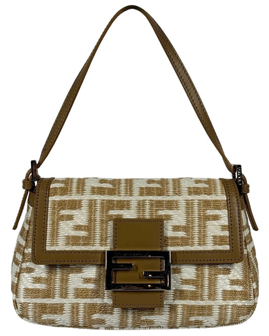 Fendi Beige & White Raffia Zucca Monogram Mini Mamma Baguette