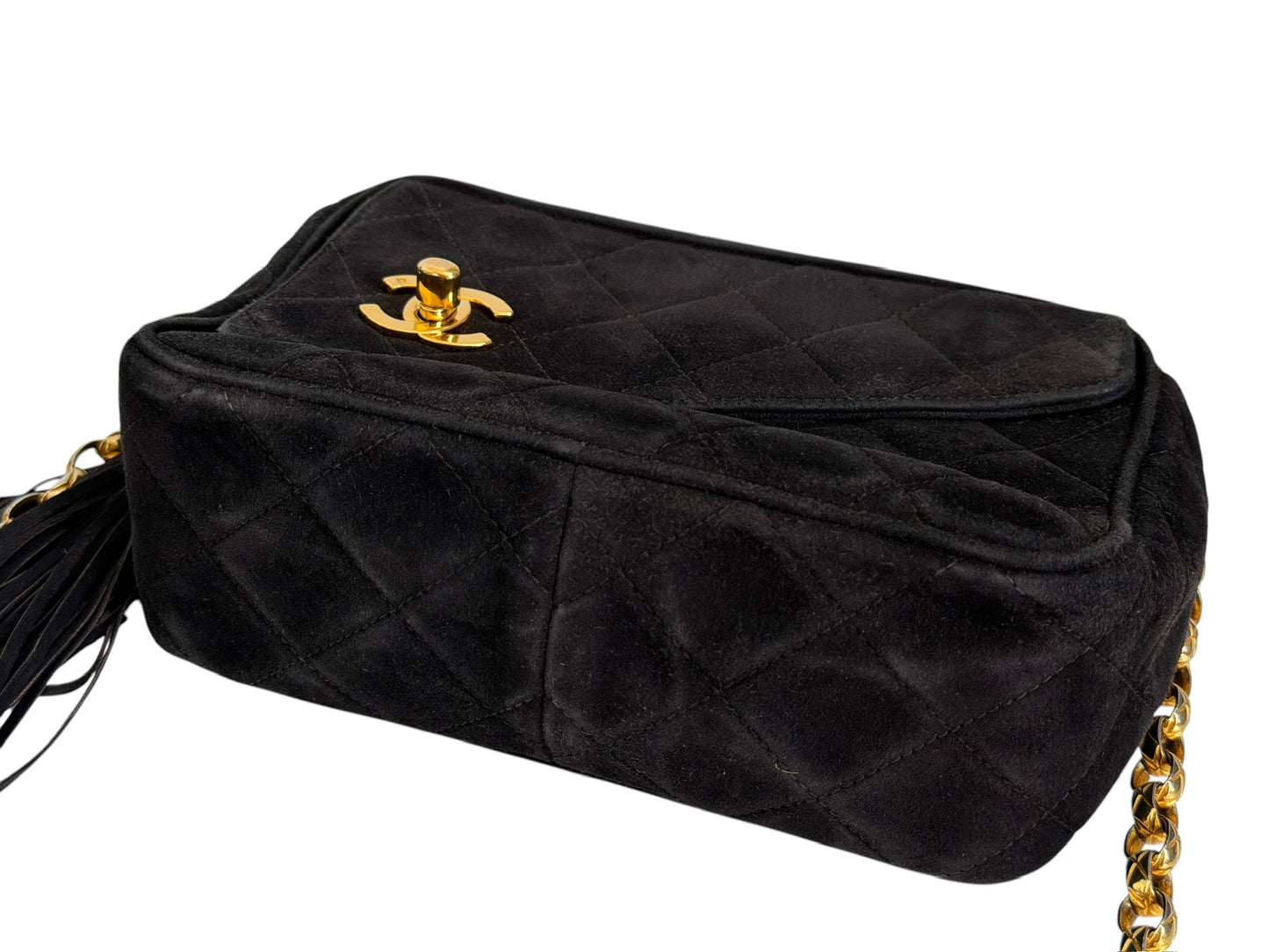 Chanel Vintage 1992 Black Quilted Suede Tassel Camera Bag with 24K GPHW 