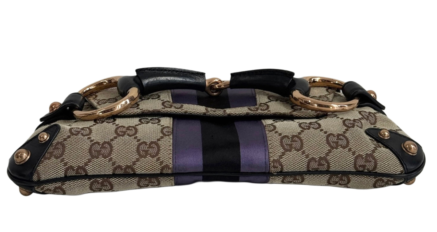 Gucci Vintage Brown GG Monogram Horsebit Purple & Black Satin Striped Rose Gold Bamboo Chain Small Shoulder Clutch Bag