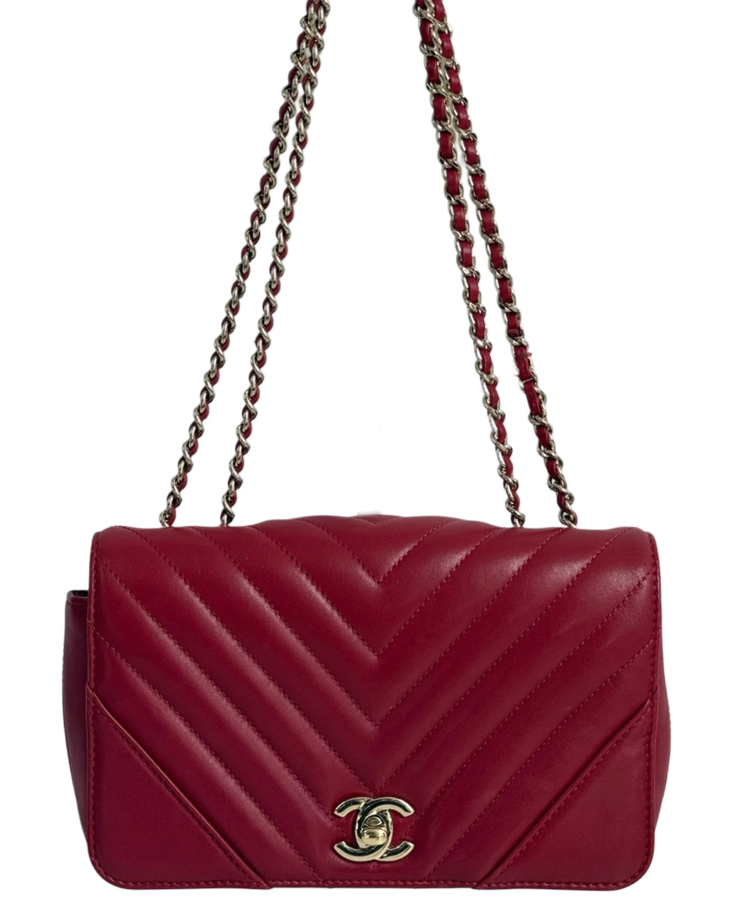 Chanel 2019 Red Chevron Lambskin Mini Full Flap Bag