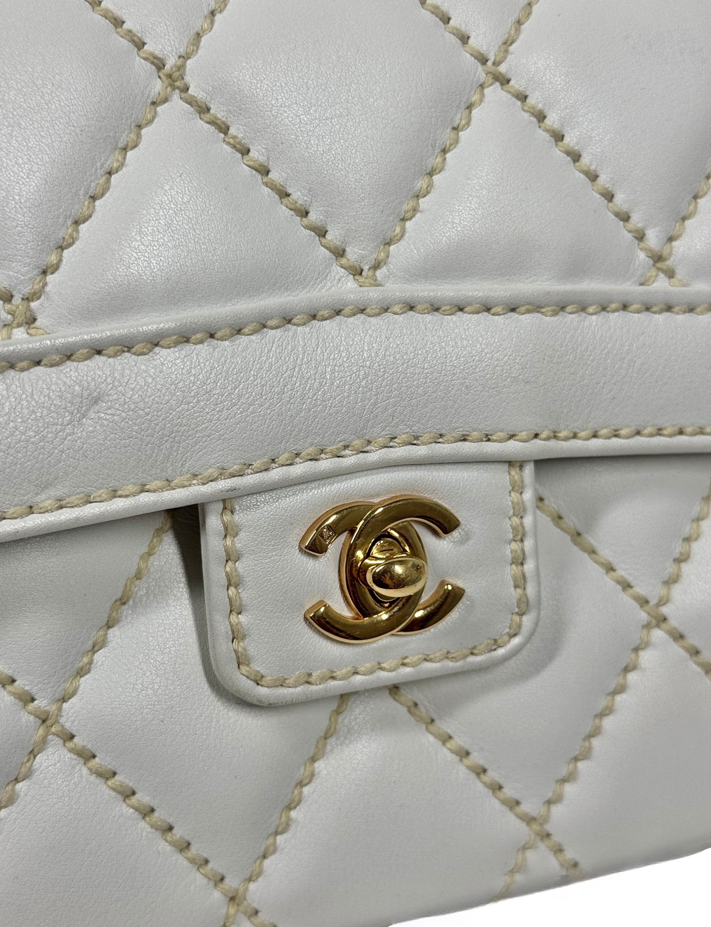 Chanel Vintage 2005 White Quilted Calfskin Leather Wild Stitch Medium Top Handle Classic Flap Bag w 24K Gold Plated Hardware