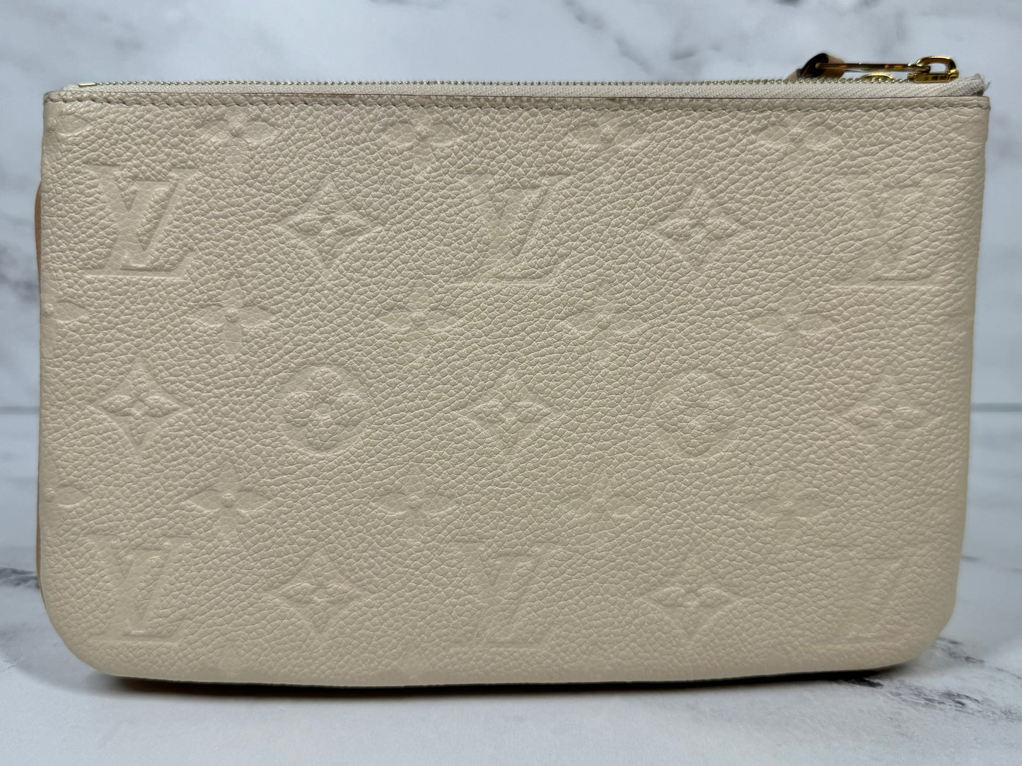 Louis Vuitton Beige & Rose Creme Monogram Empreinte Leather Double Zip Pochette Chain Bag