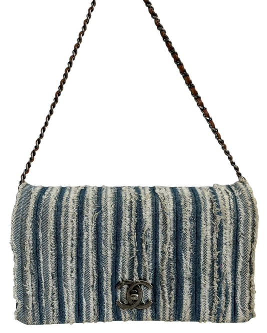 Chanel Blue Striped Denim Fringe Trim Full Flap Shoulder Crossbody Bag 