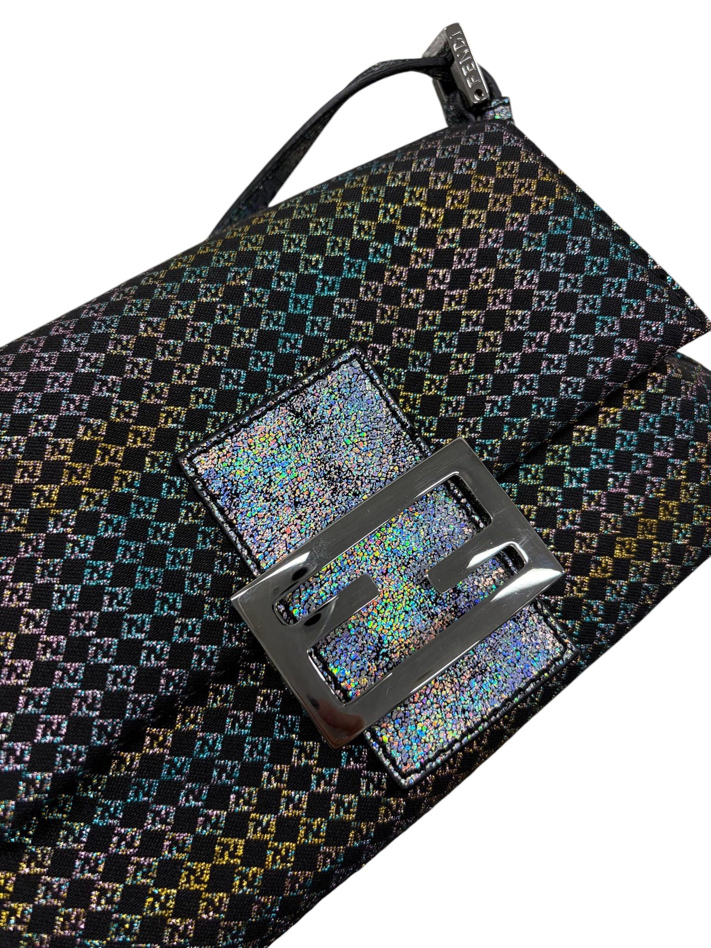 Fendi Vintage Black Iridescent Micro Zucchino Zucca Monogram Mini Mamma Shoulder Baguette Bag