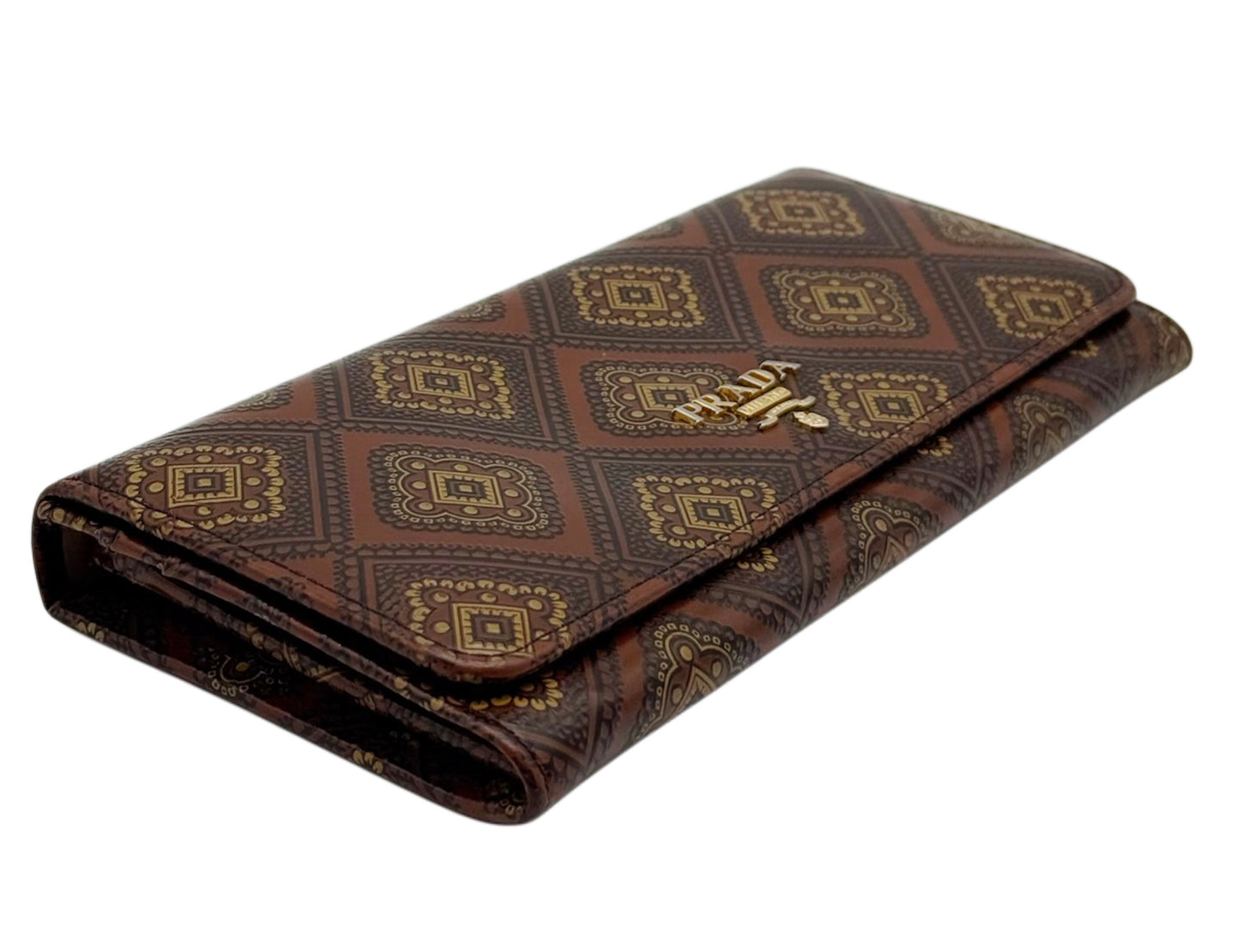 Prada Vintage Brown Leather Floral Pattern Long Snap Wallet