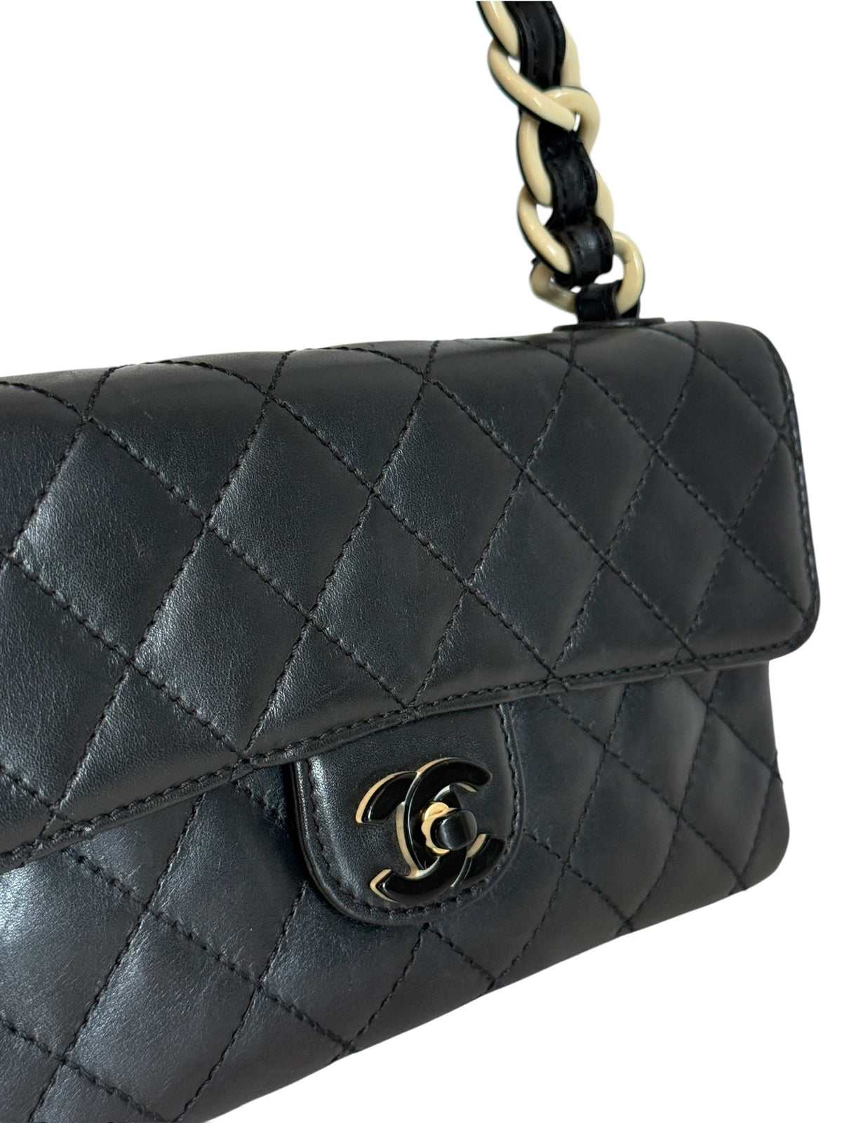 Chanel Vintage 00s Black Quilted Lambskin Rectangular Mini Flap Bag with B&W Resin Chain Strap