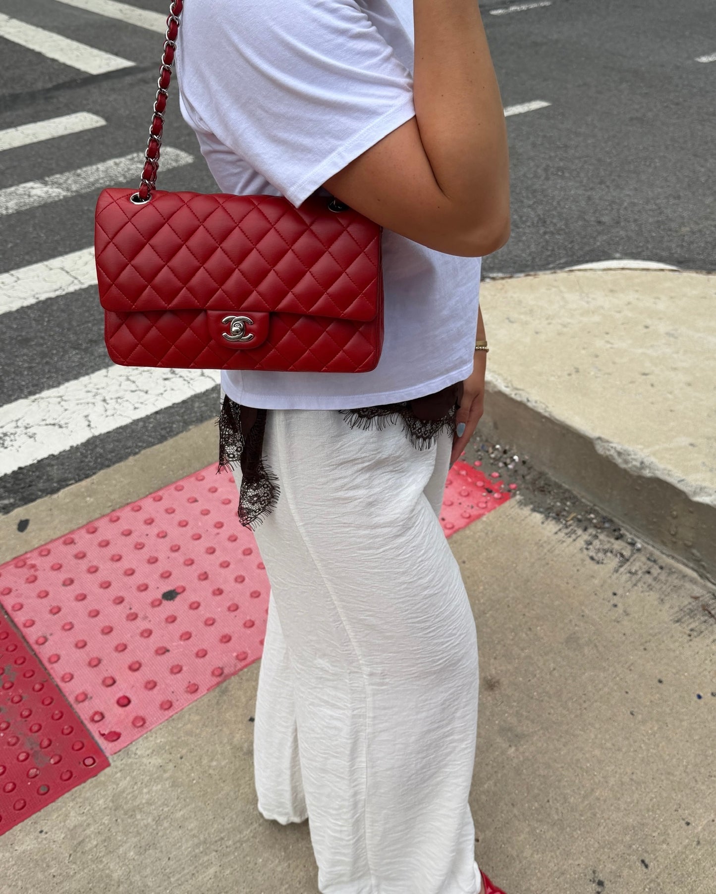 Chanel Red Quilted Lambskin Medium Classic Double Flap Bag with Silver Hardware