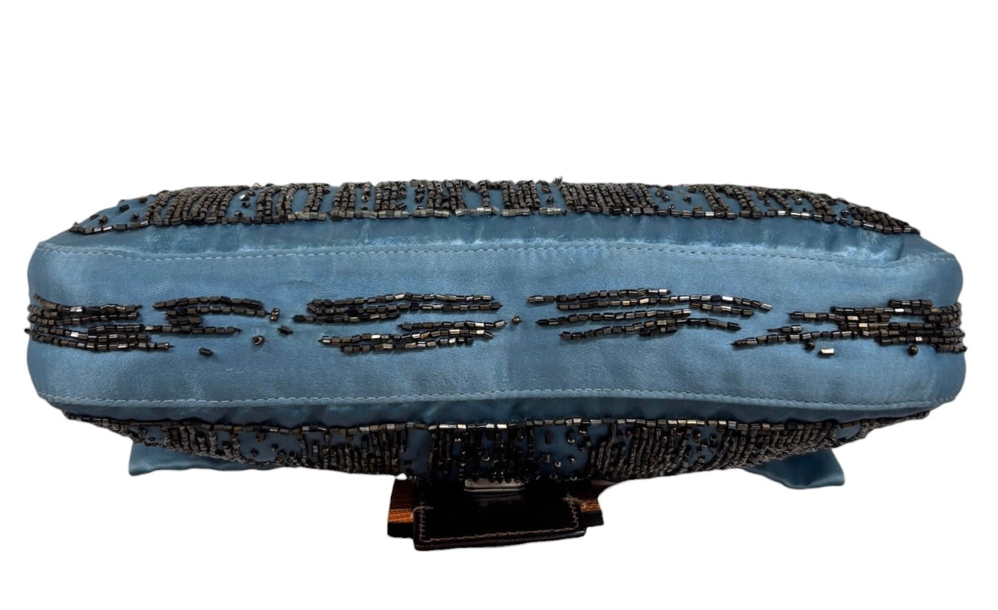 Fendi Vintage Blue Silk Beaded Orange Lizard Trim Shoulder Baguette Bag 