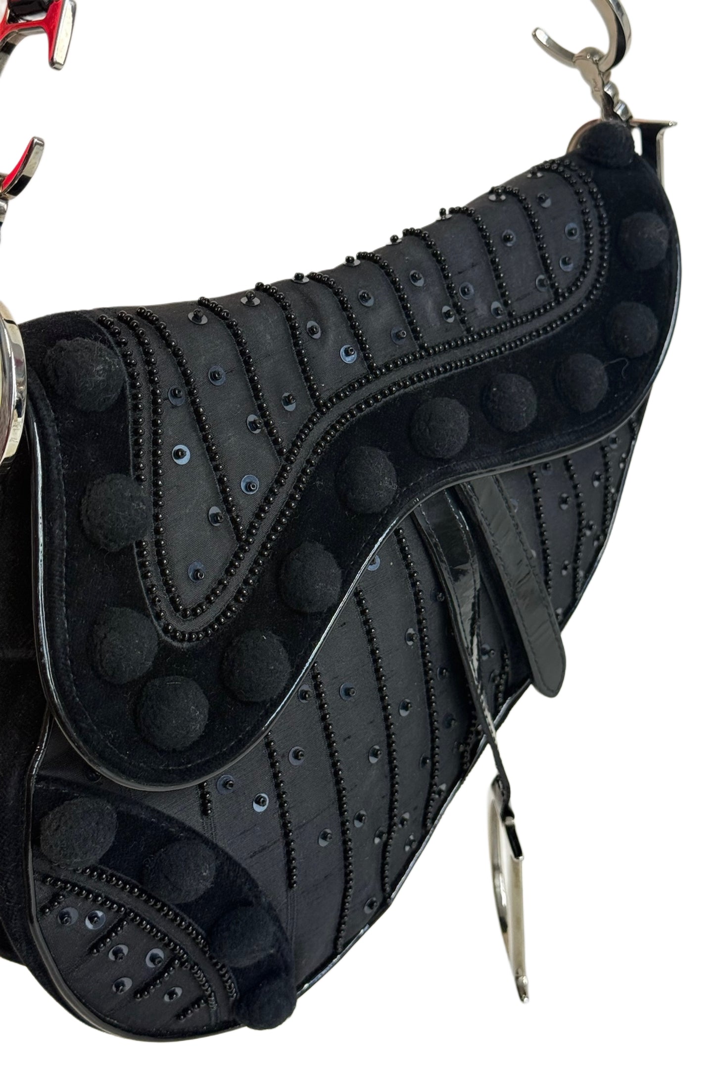 Dior Vintage Black Velvet Pom Pom Sequin Embellished Saddle Shoulder Bag #0544