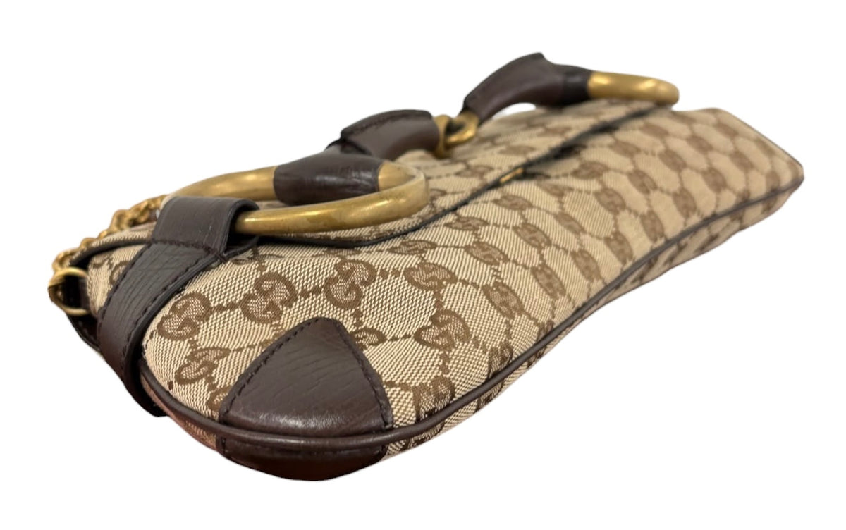 Gucci Vintage Brown GG Monogram Large Horsebit Shoulder Clutch Bag