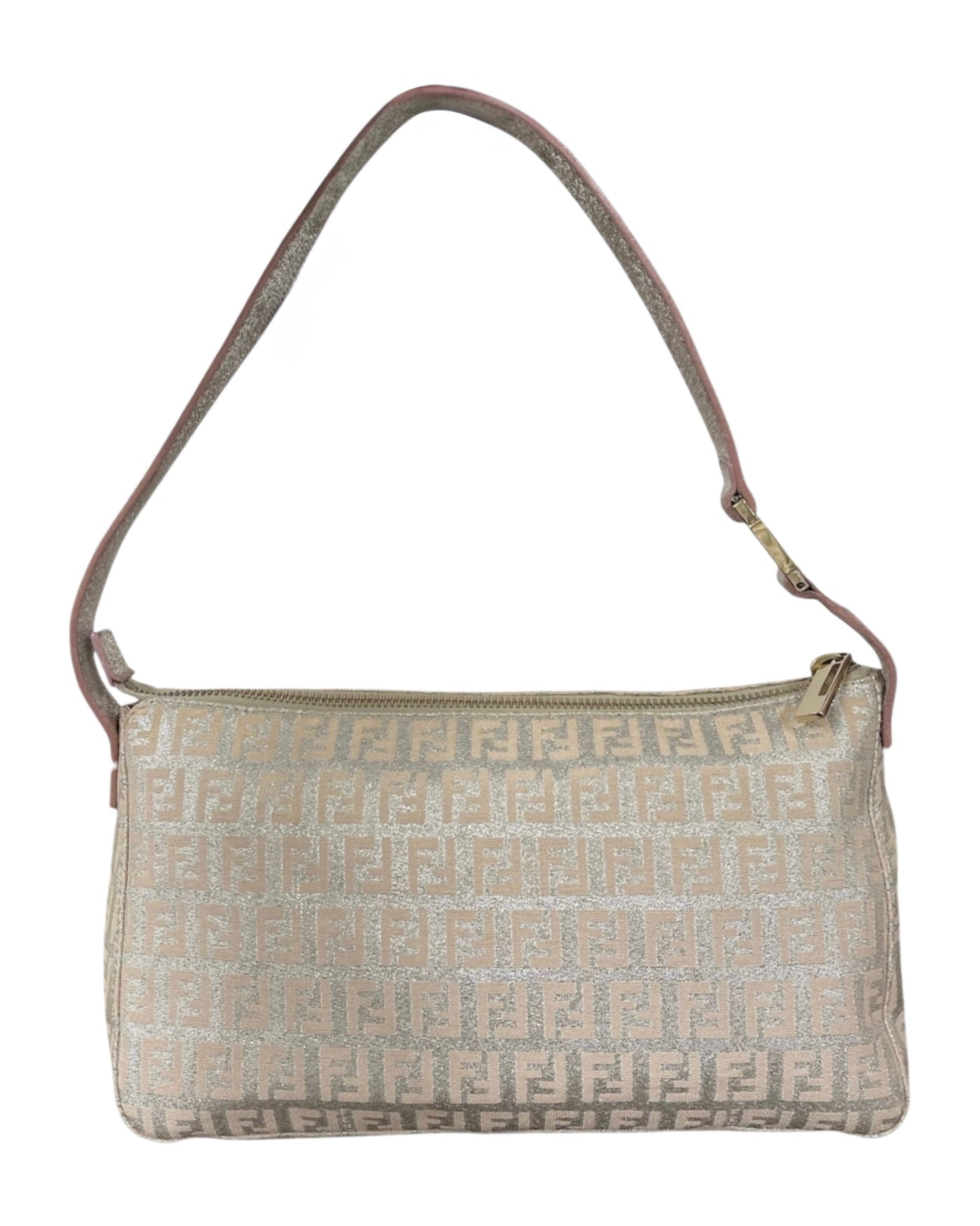 Fendi Vintage Pink Iridescent Metallic Zucchino Zucca Monogram Medium Shoulder Pochette Bag