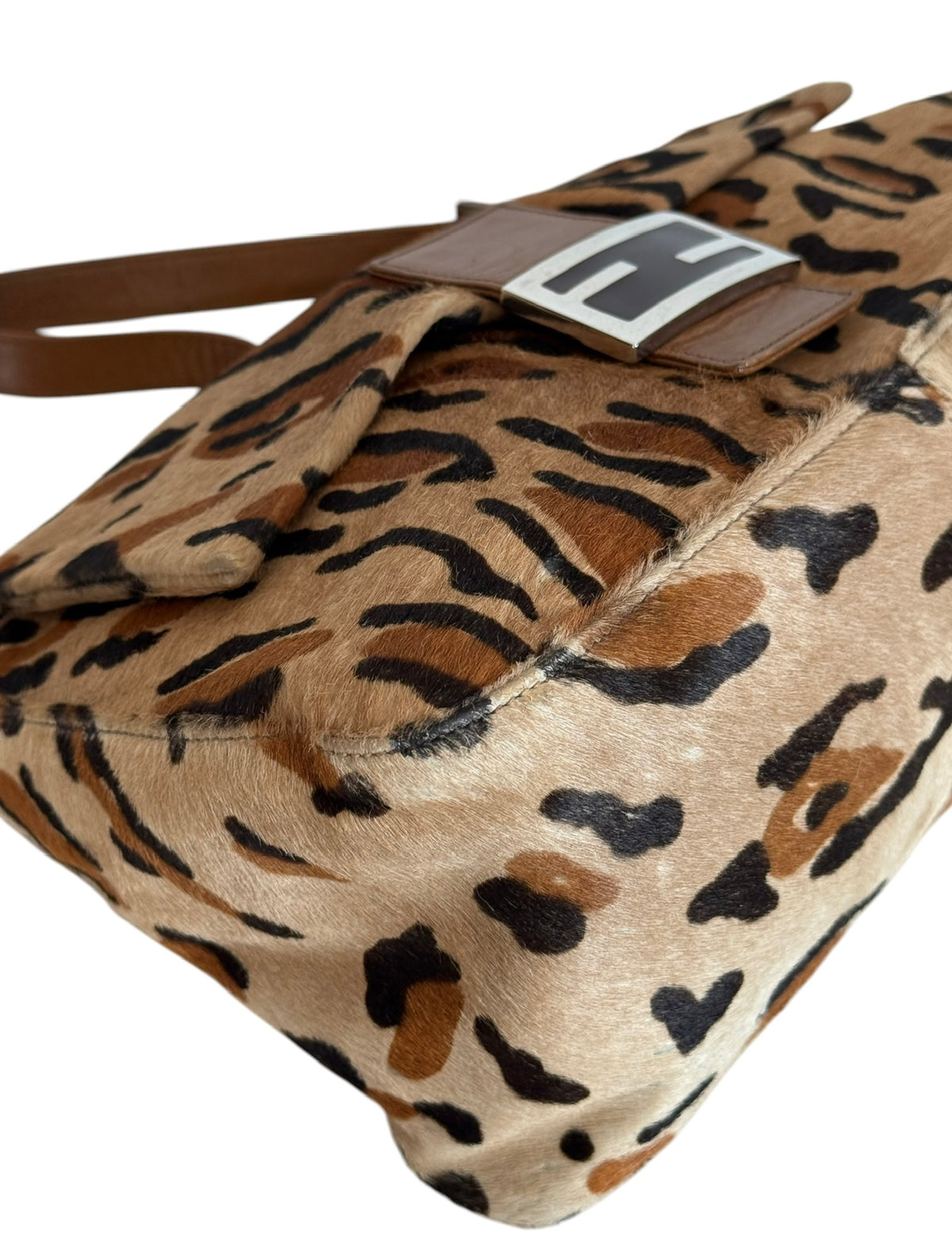 Fendi Vintage Brown Leopard Print Pony Hair Mamma Baguette Shoulder Bag