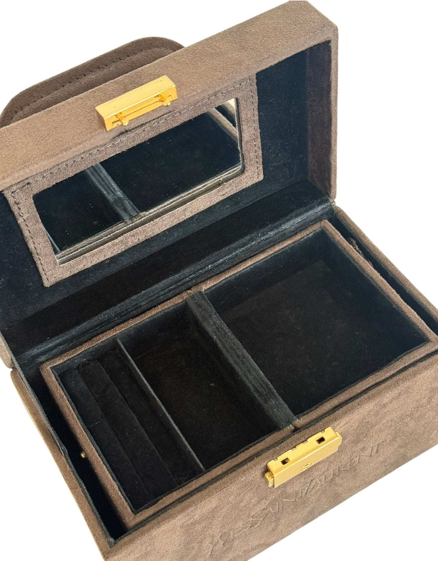 YSL / Yves Saint Laurent Vintage Brown Suede Mini Trunk Vanity Jewelry Case Box