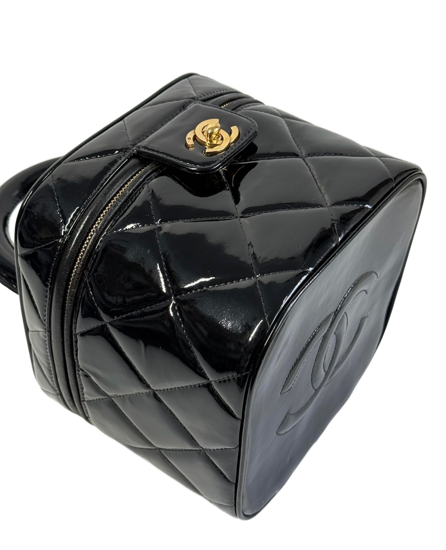Chanel Vintage 1997 Black Quilted Patent Leather Turnlock Top Handle Vanity Bag w 24K GPHW