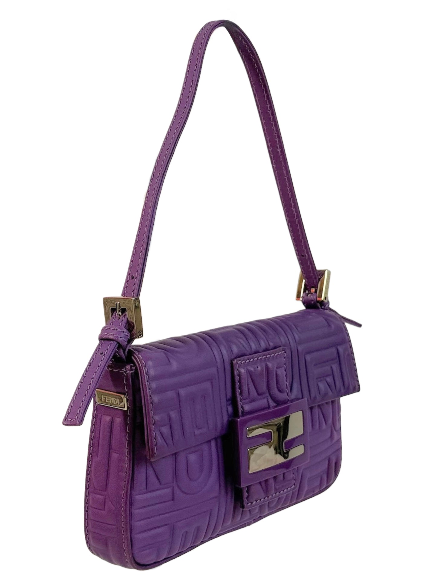 Fendi Vintage Purple Nappa Embossed Logo Leather Shoulder Mini Baguette Shoulder Bag