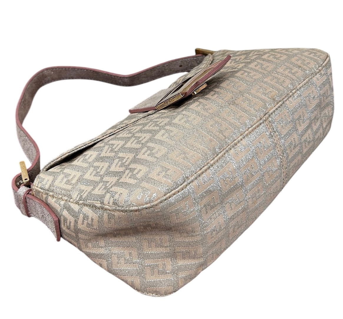 Fendi Vintage Metallic Pink Zucchino Zucca Monogram Double Flap Shoulder Baguette Bag