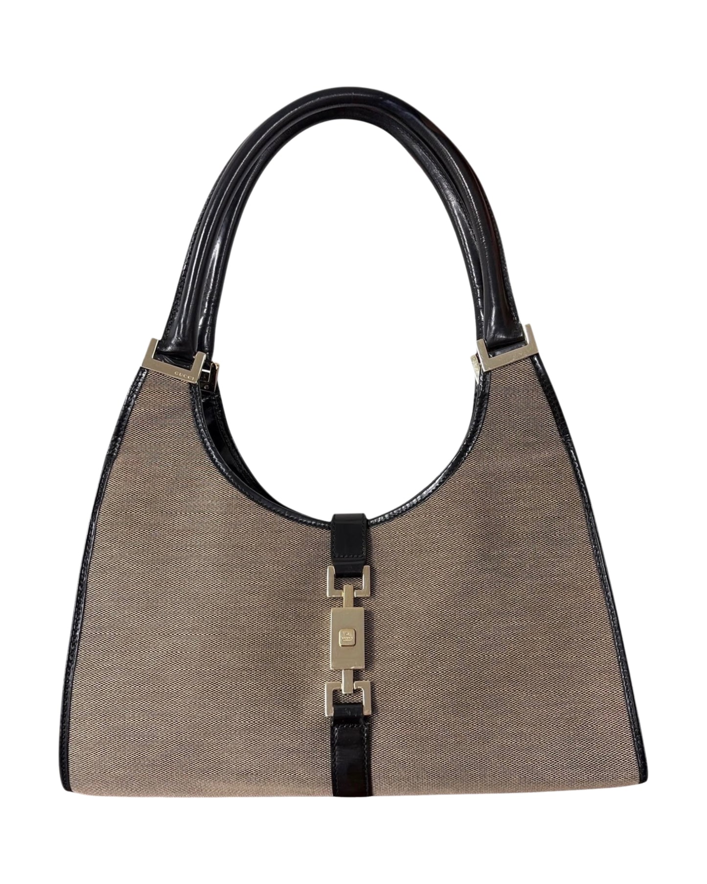 Gucci Vintage Beige Canvas with Black Patent Leather Trim Medium Jackie Shoulder Bag 