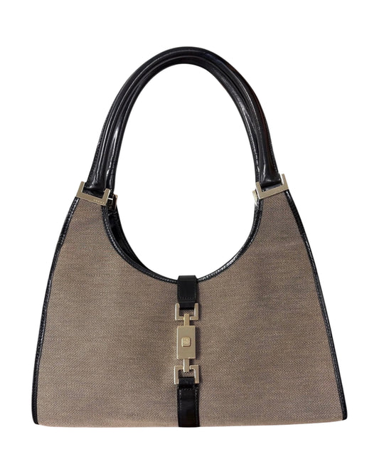 Gucci Vintage Beige Canvas with Black Patent Leather Trim Medium Jackie Shoulder Bag 
