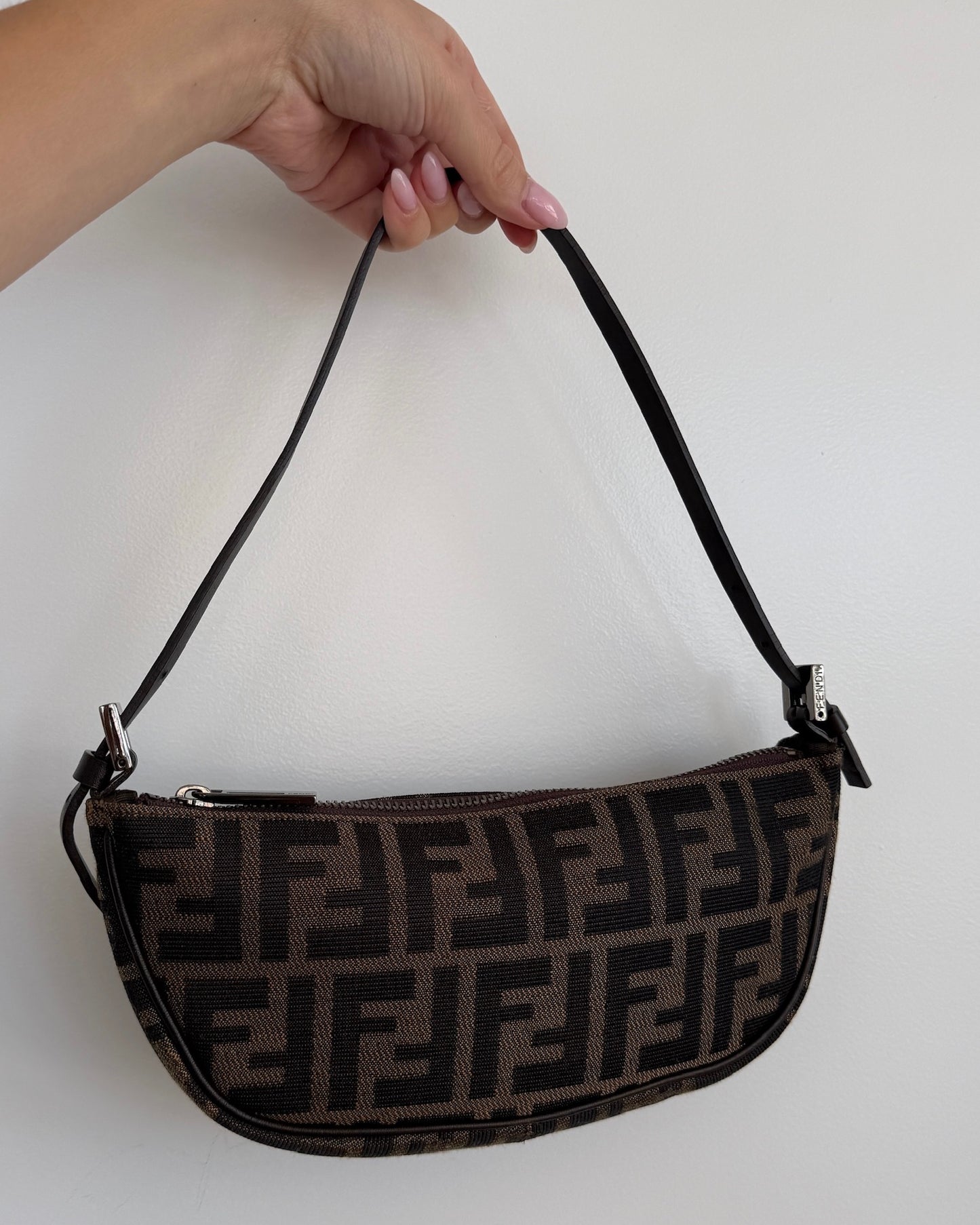 Fendi Vintage Brown Zucca Monogram Medium Half Moon Boat Shoulder Pochette Bag