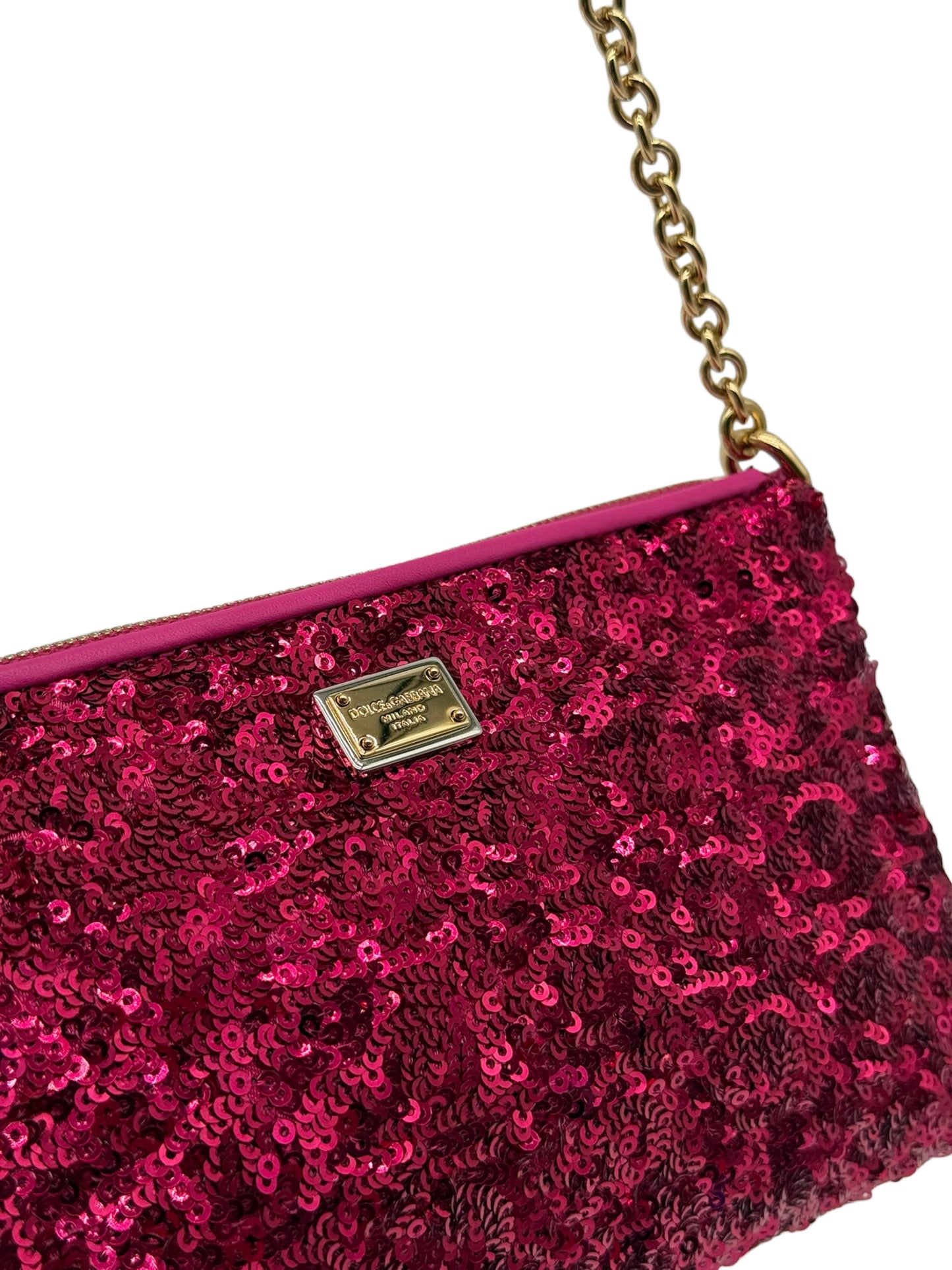 Dolce & Gabbana Vintage Fuchsia Sequin Gold Chain Small Pochette Shoulder Bag