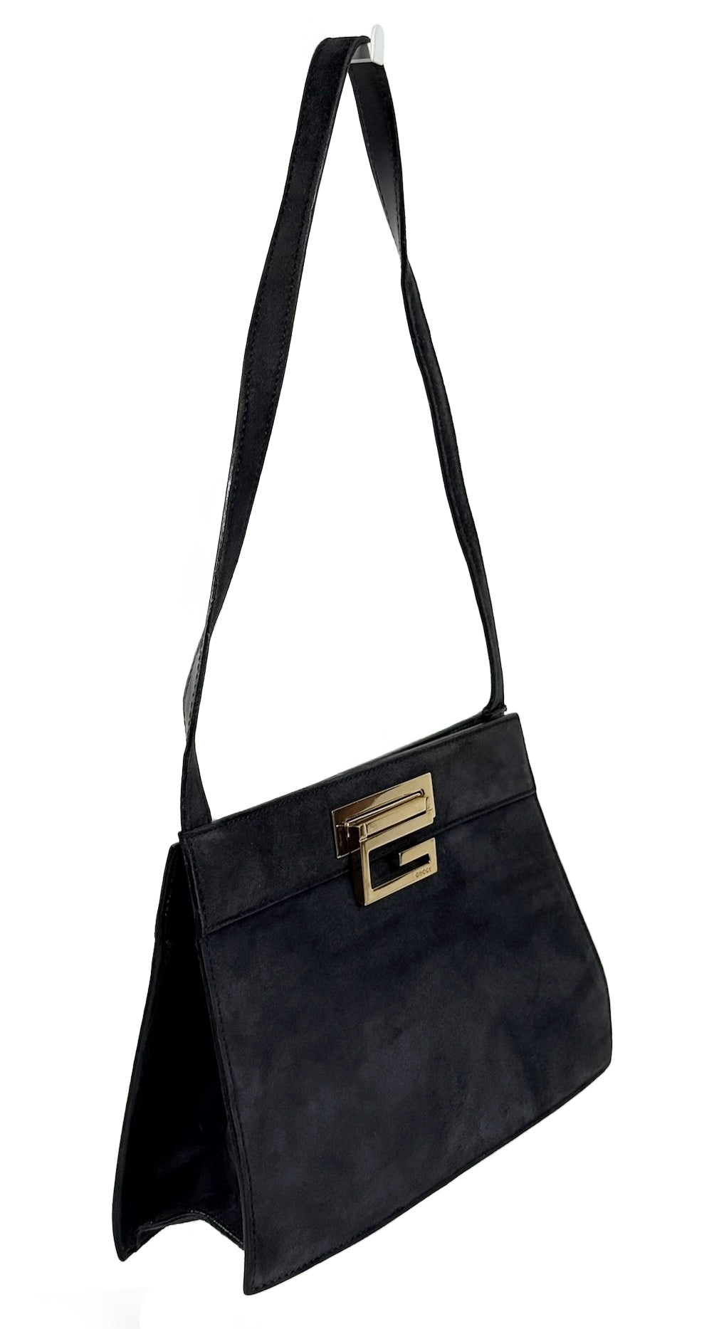 Gucci Vintage 80s Dark Gray Suede Trapezoid G Top Handle Shoulder Bag