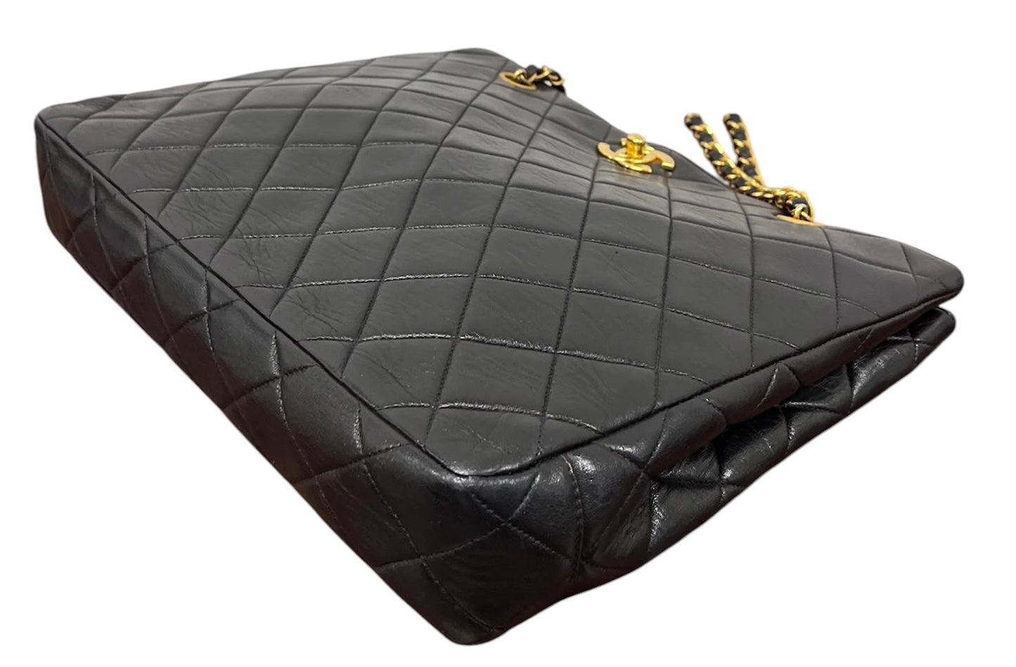 Chanel Vintage 90s Black Quilted Lambskin Classic Turnlock Shoulder Tote Bag with 24K Gold Plated Hardware