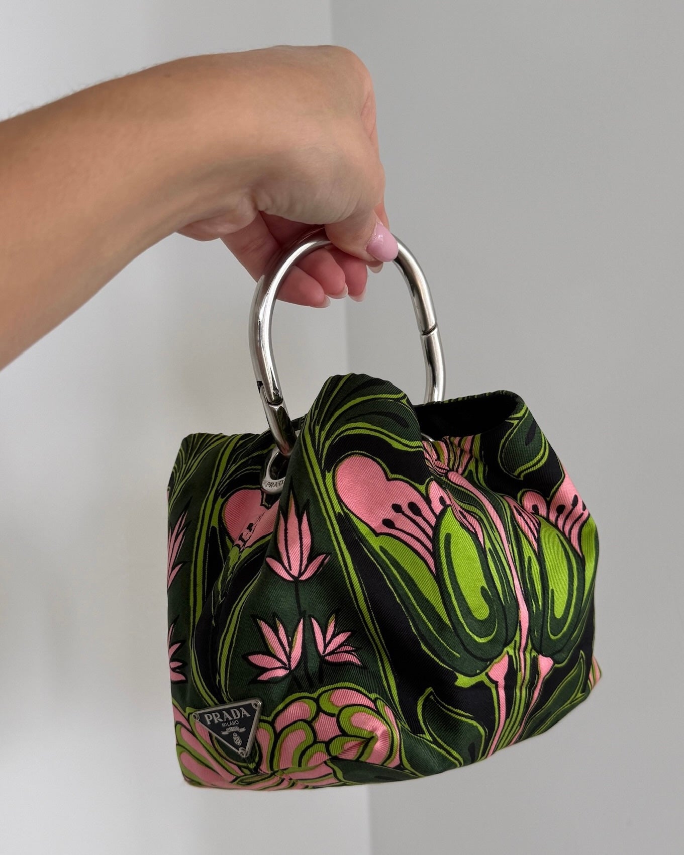 Prada Vintage Holliday & Brown London Green and Pink Twill Floral Tulipano Metal Top Handle Mini Bracelet Bag