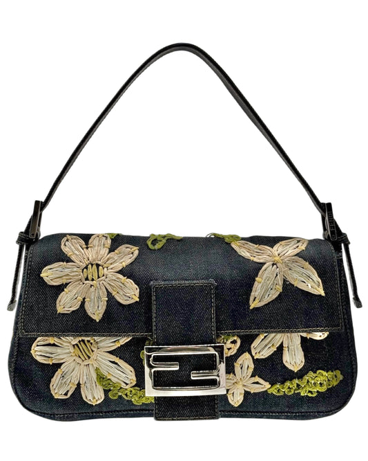Fendi Vintage Blue Denim Tulle Floral Embroidered Shoulder Baguette Bag