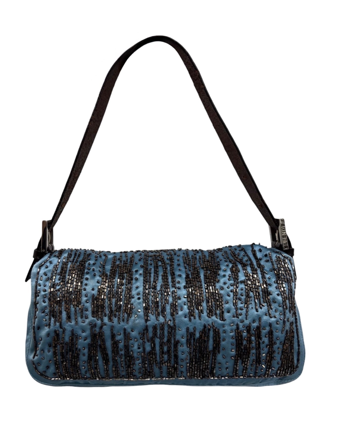 Fendi Vintage Blue Silk Beaded Orange Lizard Trim Shoulder Baguette Bag 