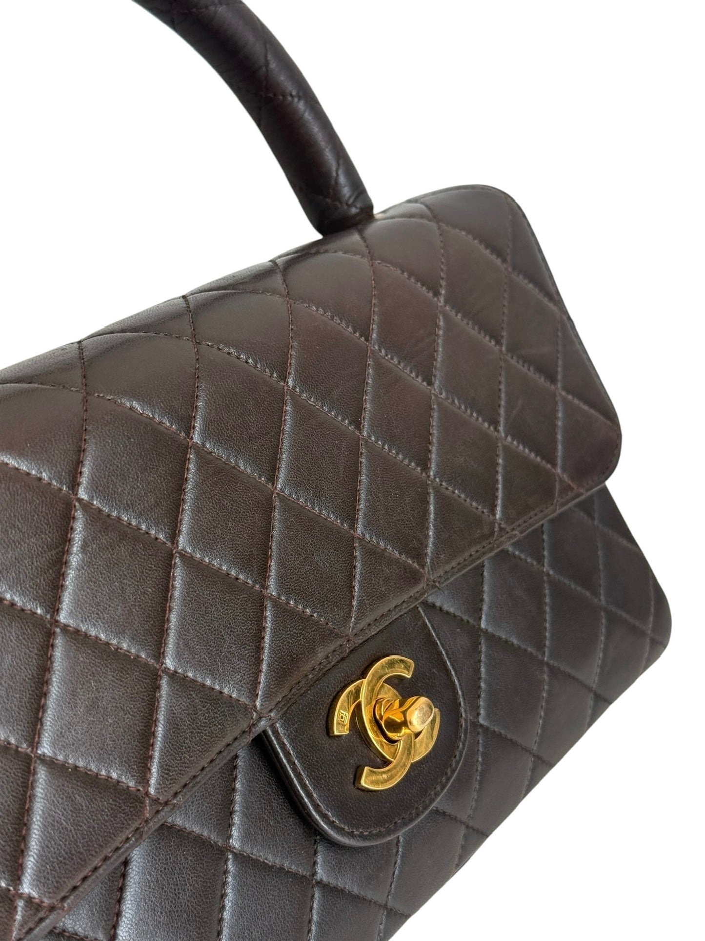 Chanel Vintage 90s Dark Brown Quilted Lambskin Medium Kelly Top Handle Parent Flap Bag w 24K Gold Plated Hardware