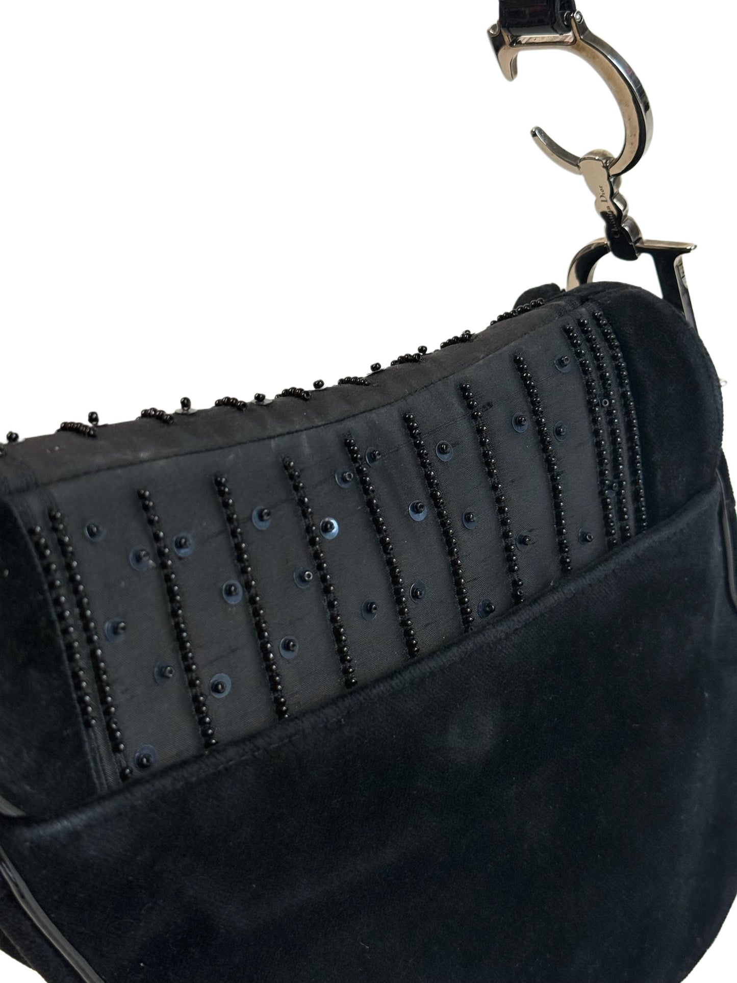 Dior Vintage Black Velvet Pom Pom Sequin Embellished Saddle Shoulder Bag #0544