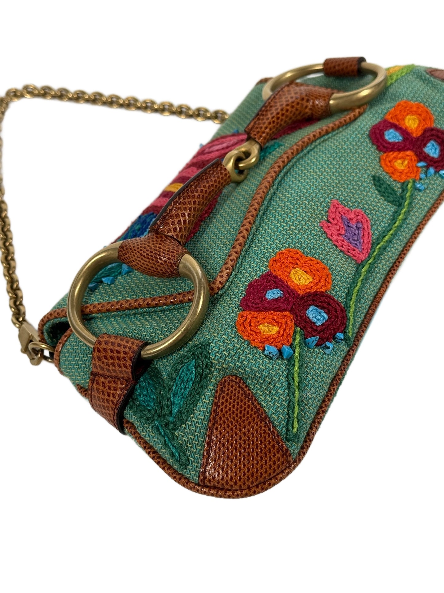 Gucci Vintage Turquoise Floral Embroidered Raffia Lizard Trim Small Horsebit Clutch Shoulder Bag