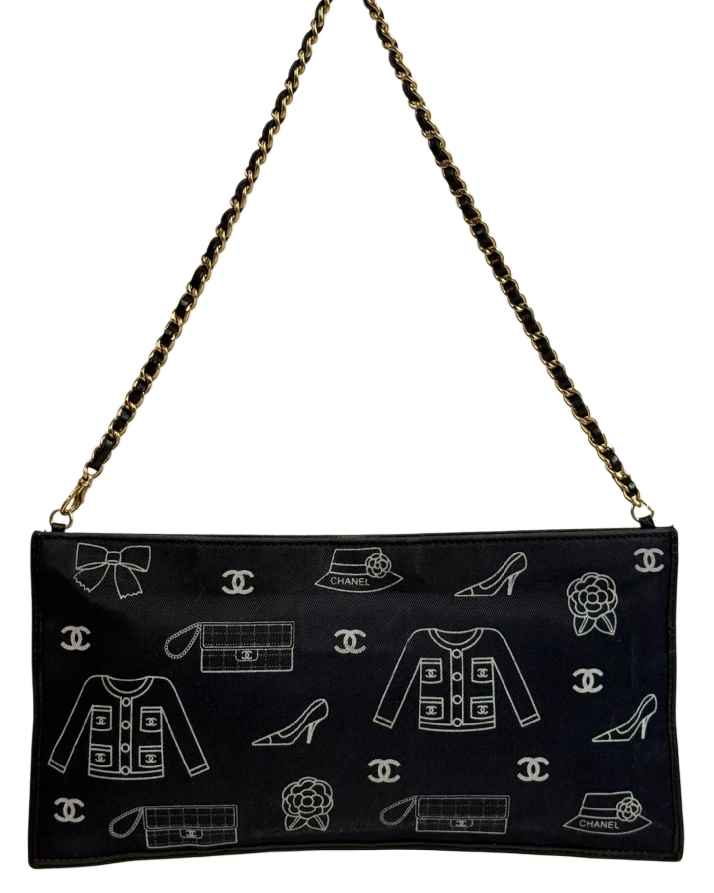 Chanel Vintage 00s Navy Blue Canvas CC Motif Flat Pochette Shoulder Bag