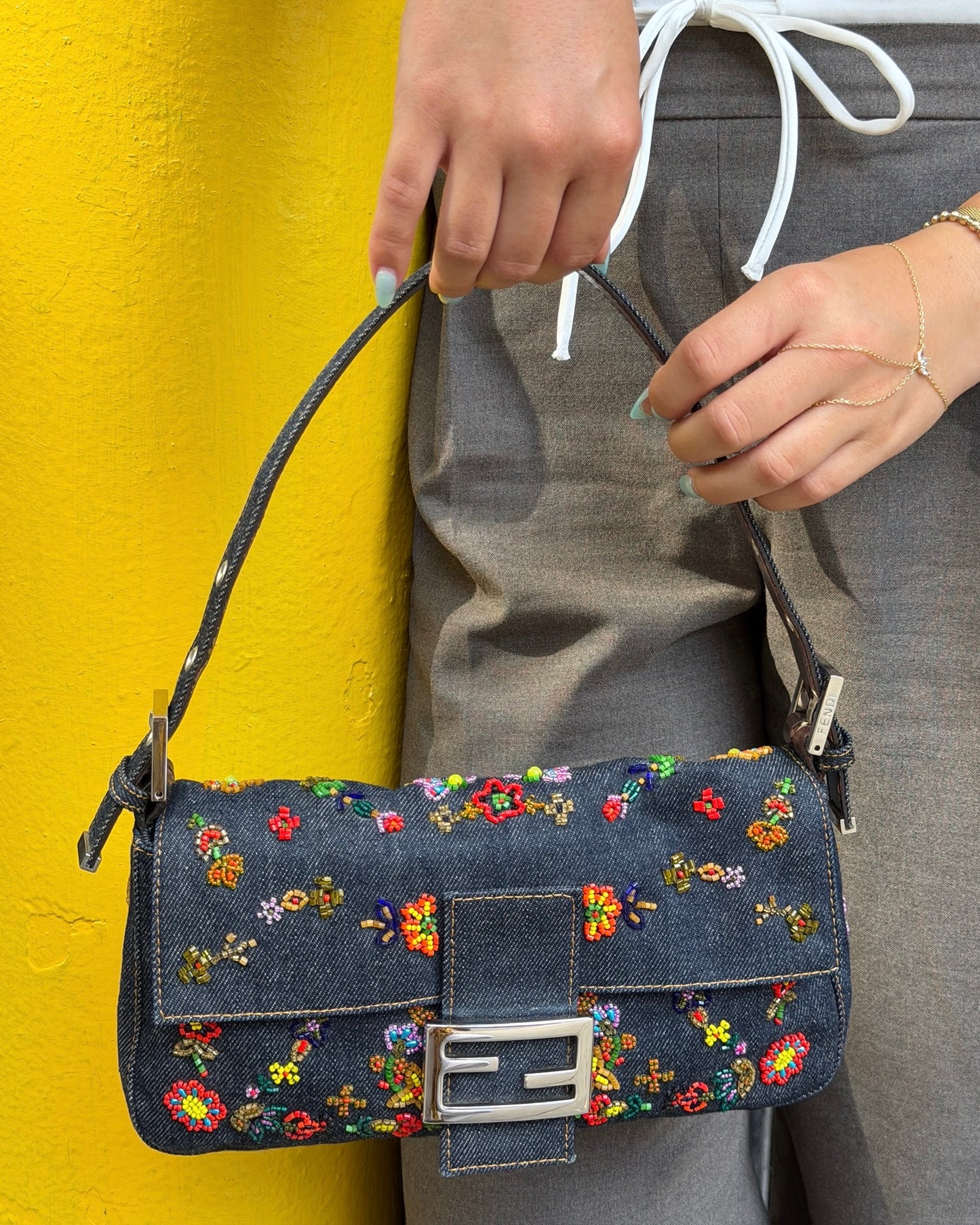 Fendi Vintage Blue Denim Floral Embroidered Beaded Shoulder Baguette Bag
