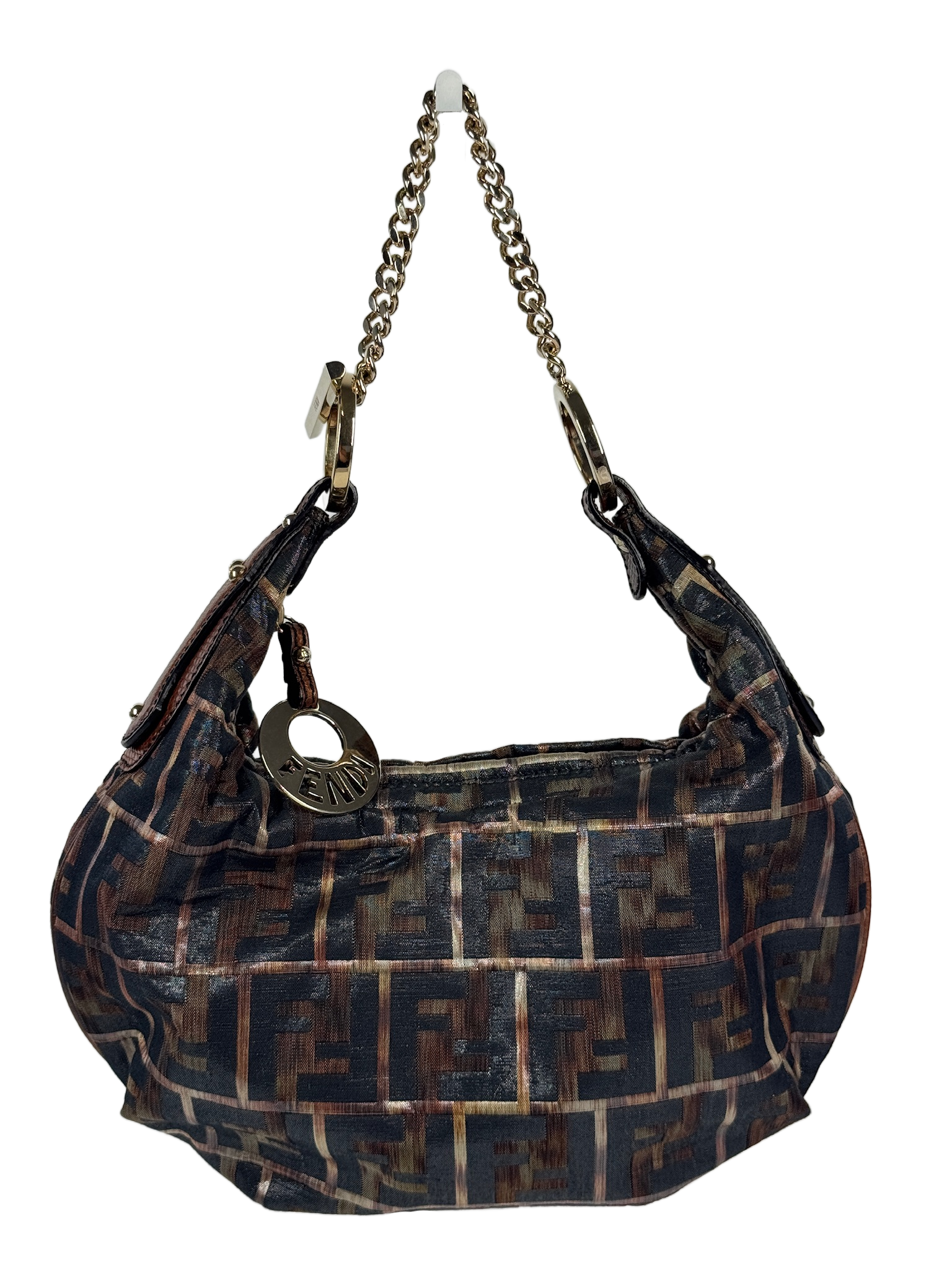 Fendi Brown & Black Metallic Zucca Monogram Canvas Chef Hobo Mini Shoulder Chain Bag