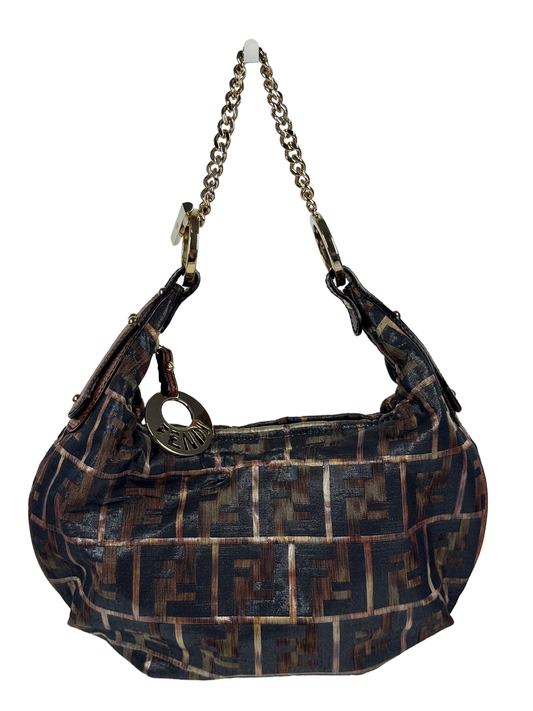Fendi Brown & Black Metallic Zucca Monogram Canvas Chef Hobo Mini Shoulder Chain Bag