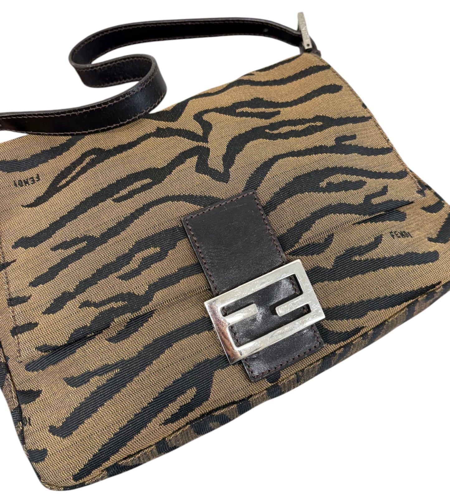 Fendi Vintage Brown & Black Zebra Print Canvas Mamma Baguette Shoulder Bag