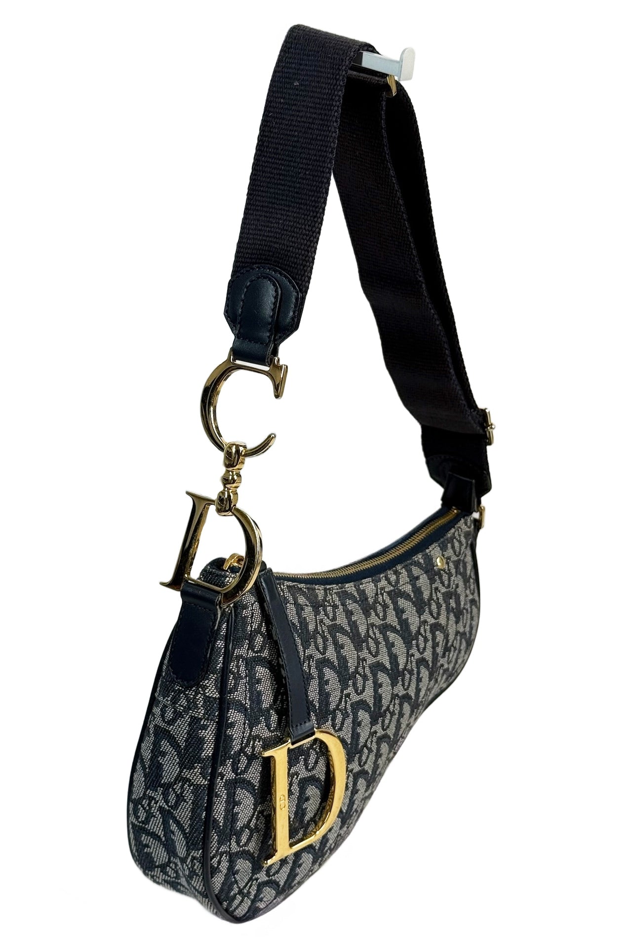Dior Vintage 2004 Navy Blue Trotter Monogram D Charm Logo Shoulder Crossbody Saddle Bag