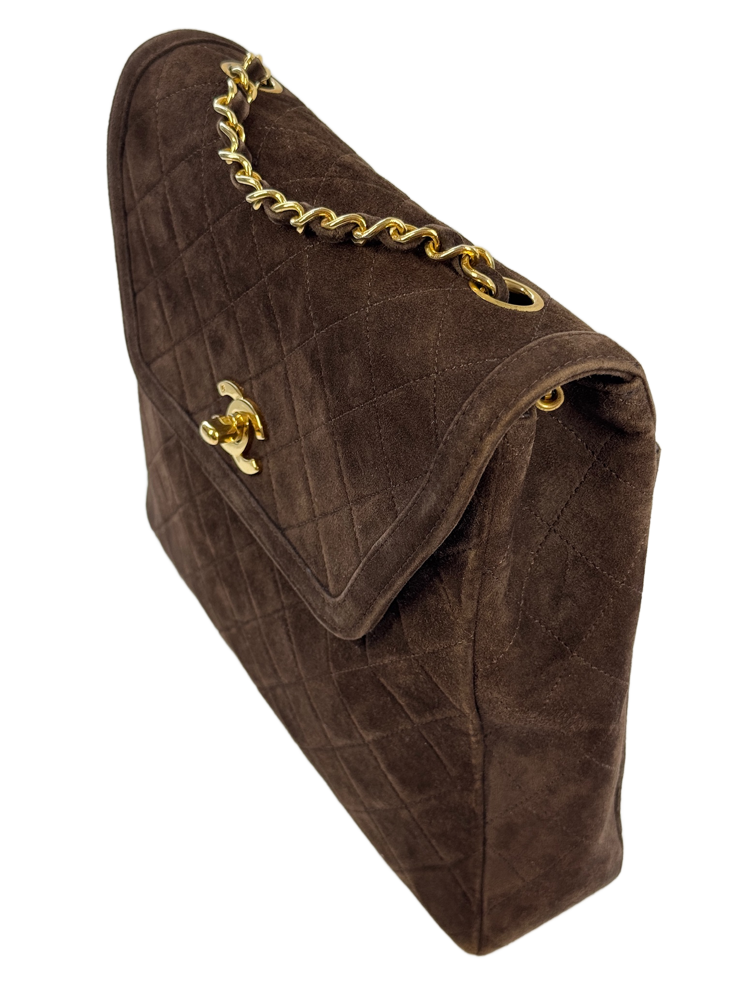 Chanel Vintage Late 80s Brown Suede Quilted Trapezoid Classic Flap Crossbody Shoulder Bag