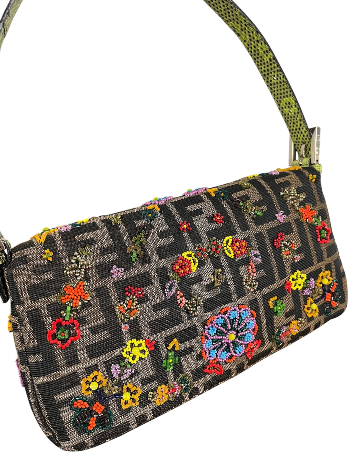 Fendi Vintage Brown Zucca Monogram Floral Beaded Green Lizard Trim Shoulder Baguette Bag
