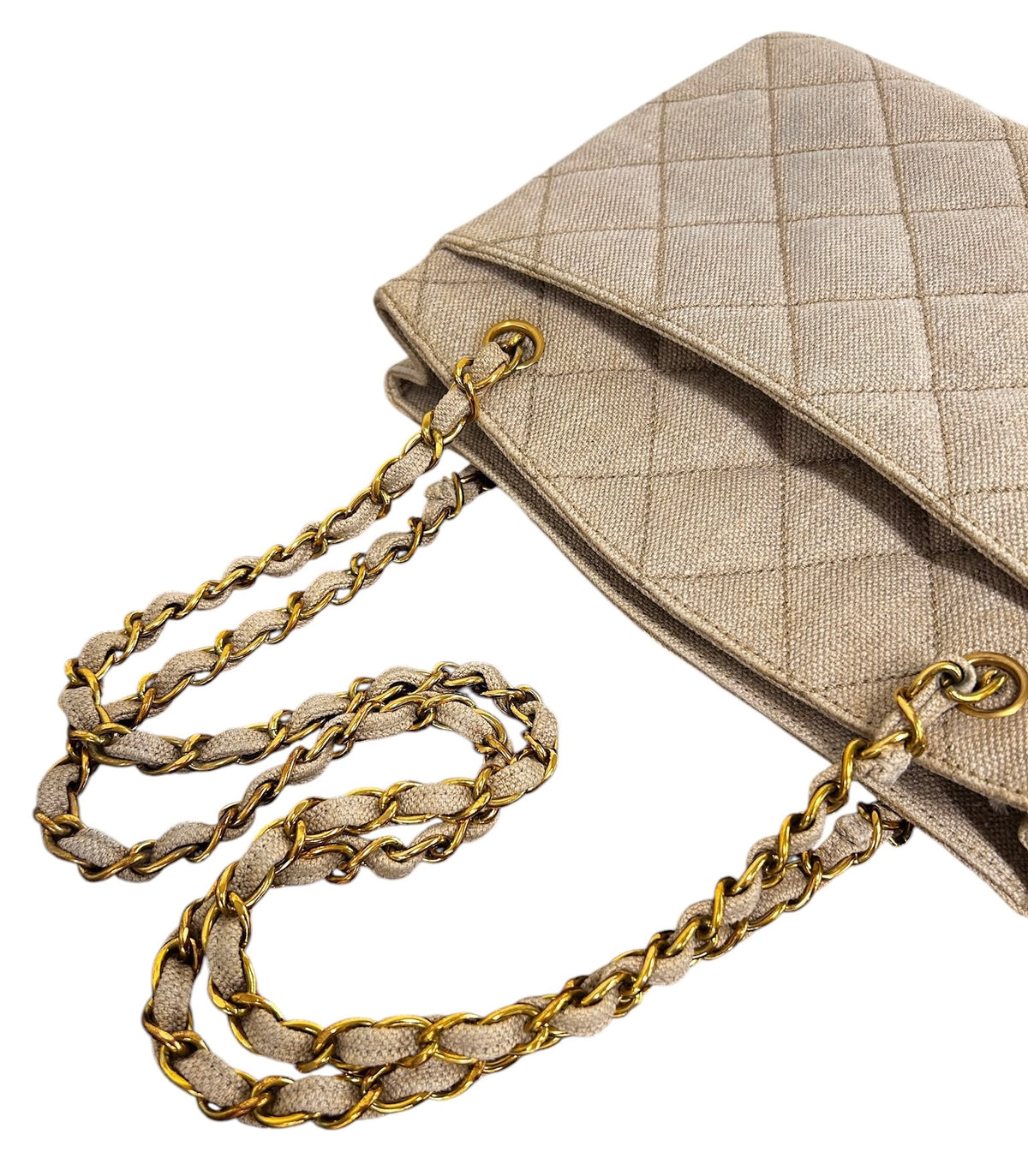 Chanel Vintage 90s Beige Linen Maxi CC Short Shoulder Chainlink Tote Bag with 24K Gold Plated Hardware