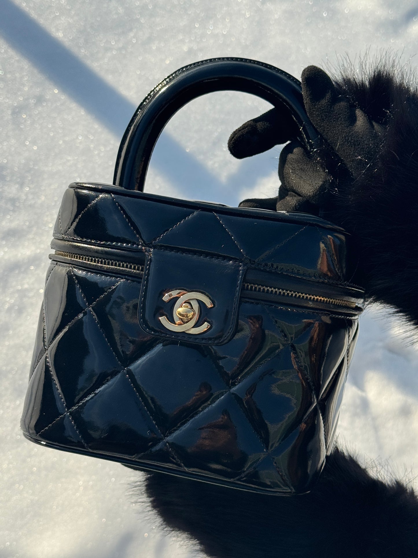 Chanel Vintage 1997 Black Quilted Patent Leather Turnlock Top Handle Vanity Bag w 24K GPHW